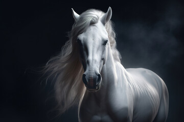 Naklejka na ściany i meble Gorgeous white horse with beautiful flowing mane photorealistic portrait. generative art