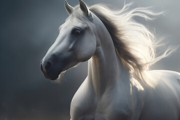 Naklejka na ściany i meble Gorgeous white horse with beautiful flowing mane photorealistic portrait. generative art