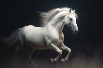 Plakat White horse with beautiful flowing mane galloping, isolated on black background. Photorealistic portrait. generative art