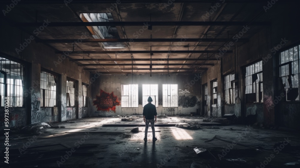 Poster a person standing in an abandoned building looking out the window. ai generative image.