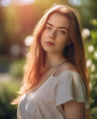 Attractive young woman in garden - AI Portrait Photography - obrazy, fototapety, plakaty