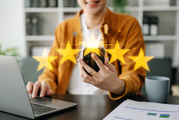 Customer or client the stars to complete five stars. with copy space. giving a five star rating....