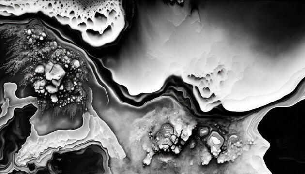 Flowing Modern Acrylic Pour Background in Beautiful Black and White colors. Liquid texture with White Particles. Generative AI.