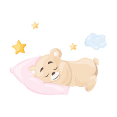 Cute little teddy bear on a transparent background, sleeping on a pink pillow, vector illustration, children's fashion, children's graphics for wallpapers and prints. Cartoon vector illustration.