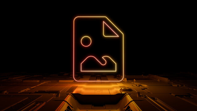 Orange and Yellow neon light picture icon. Vibrant colored Image technology symbol, on a black background with high tech floor. 3D Render
