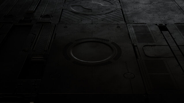 Black, Tech Background with Sci-Fi 3D Panels. Dark, Futuristic style. 3D Render.