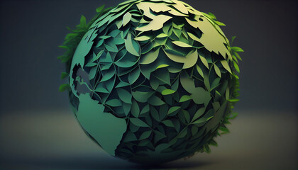 paper art , Green planet Earth of sphere futuristic , Crystal Earth planet green forest city,