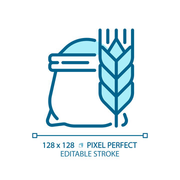 Flour pixel perfect blue RGB color icon. Bag of wheat. Cooking bread. Baking ingredient. Raw agricultural product. Isolated vector illustration. Simple filled line drawing. Editable stroke