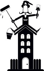 Cute painter holding a brush and a bucket of paint sitting on the roof. Black on white background