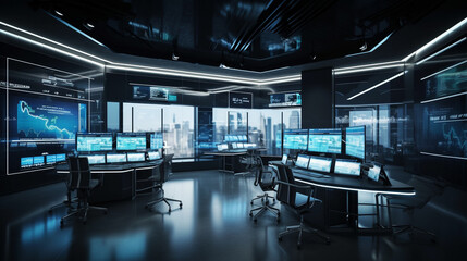 Obraz premium futuristic trading office, neon tech screens with stock monitoring generative ai