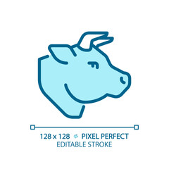 Beef pixel perfect blue RGB color icon. Cattle ranching. Meat section. Cow head. Steak house. Deli product. Isolated vector illustration. Simple filled line drawing. Editable stroke