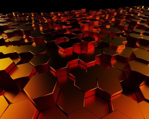 Fototapeta premium Abstract background with waves made of metallic orange gradation futuristic honeycomb mosaic hexagon geometry primitive forms that goes up and down under blue back-lighting. 3D illustration. 3D CG.