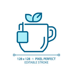 Obraz premium Tea pixel perfect blue RGB color icon. Comforting hot drink. Warm beverage. English breakfast. Herbal infusion. Isolated vector illustration. Simple filled line drawing. Editable stroke