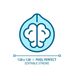 Nuts pixel perfect blue RGB color icon. Raw walnut. Vegan cuisine. Snack aisle. Protein source. Culinary ingredient. Isolated vector illustration. Simple filled line drawing. Editable stroke