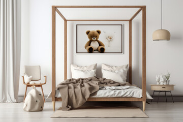 modern bedroom with wooden bed, teddy bear, frame and a couch,Generative AI