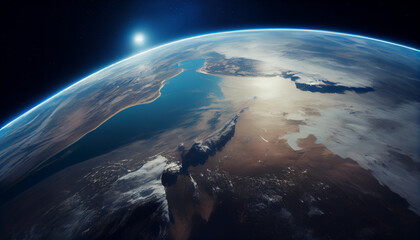 Earth surface view from orbit in space. Blue planet. Clouds and sky on horizon.