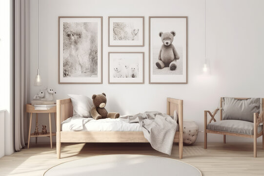 modern bedroom with wooden bed, teddy bear, frame and a couch, Generative AI