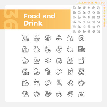 Food and drink pixel perfect linear icons set. Grocery store. Supermarket product categories. Shopping list. Customizable thin line symbols. Isolated vector outline illustrations. Editable stroke