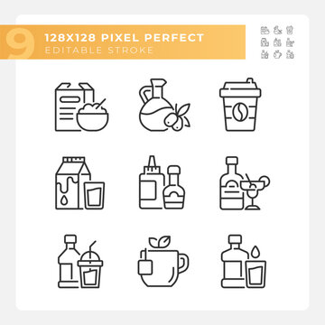 Grocery shopping pixel perfect linear icons set. Food retail. Eats and beverages. Convenience store. Customizable thin line symbols. Isolated vector outline illustrations. Editable stroke