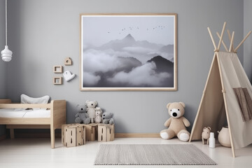 a child's room with a teddy bear, in the style of photo-realistic landscapes, Generative AI