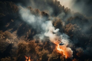 Eurocopter battling forest fire from above. Generative AI