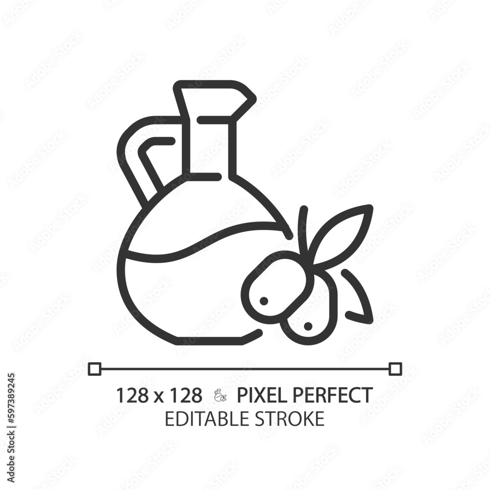 Sticker Oil pixel perfect linear icon. Food dressing. Vegetable fat. Healthy cooking. Organic product. Mediterranean diet. Thin line illustration. Contour symbol. Vector outline drawing. Editable stroke