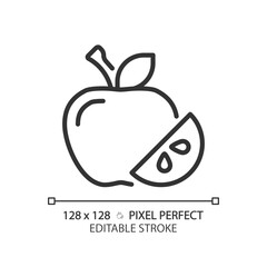Fruits pixel perfect linear icon. Raw food. Healthy eating. Supermarket section. Vegan diet. Fresh produce. Thin line illustration. Contour symbol. Vector outline drawing. Editable stroke