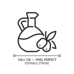 Oil pixel perfect linear icon. Food dressing. Vegetable fat. Healthy cooking. Organic product. Mediterranean diet. Thin line illustration. Contour symbol. Vector outline drawing. Editable stroke