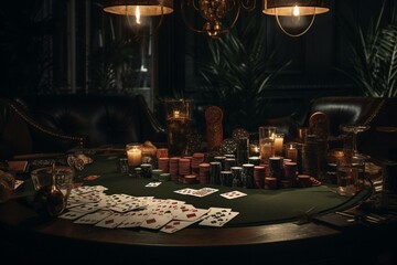 A scene at the casino table with cards, chips and gamblers. Generative AI