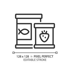 Canned goods pixel perfect linear icon. Food preservation. Ready to eat. Metal packaging. Kitchen pantry. Thin line illustration. Contour symbol. Vector outline drawing. Editable stroke