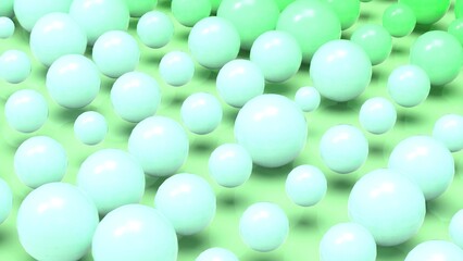 Random size many green balls that are arranged under white-brown lighting background. Conceptual 3D CG of blockchain, financial system and personal data analysis.