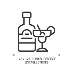 Alcohol pixel perfect linear icon. Strong drink. Adult beverage. Liquor store. Club bar. Cocktail menu. Thin line illustration. Contour symbol. Vector outline drawing. Editable stroke