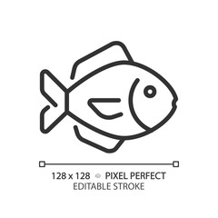 Fish pixel perfect linear icon. Seafood department. Aquatic products. Ocean catch. Marine cuisine. Local food. Thin line illustration. Contour symbol. Vector outline drawing. Editable stroke