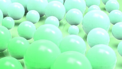 Random size many green balls that are arranged under white-brown lighting background. Conceptual 3D CG of blockchain, financial system and personal data analysis.
