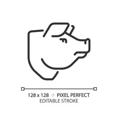 Pork pixel perfect linear icon. Pig head. Meat shop. Food industry. Farm animal. BBQ menu. Barbecue restaurant. Thin line illustration. Contour symbol. Vector outline drawing. Editable stroke