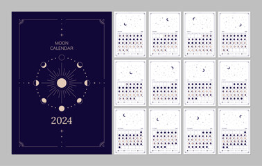 Moon calendar for 2024 year, lunar cycles planner template. Moon phases schedule, astrological lunar stages calendar banner, card, poster vector illustration - obrazy, fototapety, plakaty