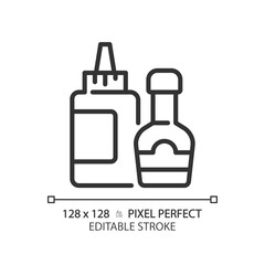Obraz premium Sauce pixel perfect linear icon. Salad dressing. Meal accompaniment. Flavor enhancer. Condiments aisle. Thin line illustration. Contour symbol. Vector outline drawing. Editable stroke