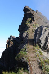 Pico do Areeiro with stone stairs perfect for hiking, third highest mountain peak on Madeira...