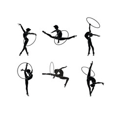 Hoop Rhythmic Gymnastics set flat sihouette vector. Rhythmic Gymnastics female athlete black icon on white background.