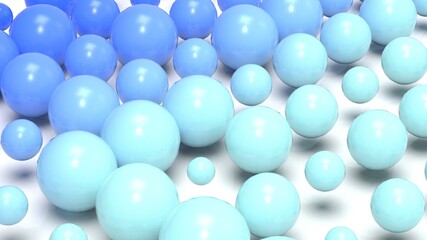 Random size many blue balls that are arranged under white lighting background. Conceptual 3D CG of blockchain, financial system and personal data analysis.