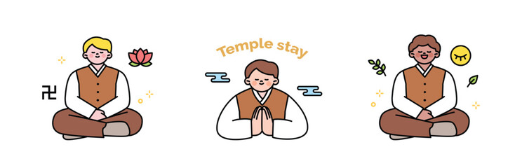 Naklejka premium Buddha’s Birthday. Foreigners experiencing a temple stay.