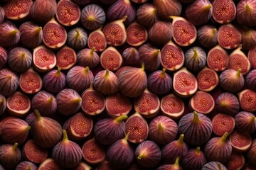 A vibrant design of ripe figs arranged in a repetitive pattern. Generative AI