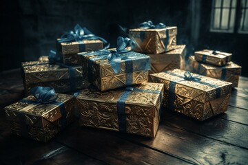 Piled gifts adorned in gold and blue. Generative AI