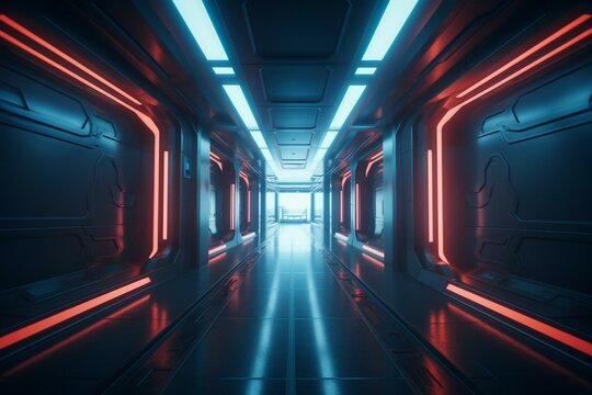 Bright passageway in futuristic sci-fi hallway. Generative AI