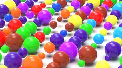 Random size many colorful balls that are arranged under white lighting background. Conceptual 3D CG of blockchain, financial system and personal data analysis.