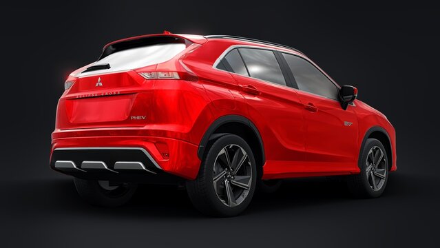 San Diego, USA. March 31, 2023. Red Mitsubishi Eclipse Cross PHEV 2022 on a black background. Hybrid SUV car. 3d rendering