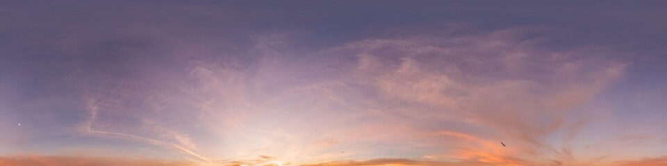 Sunset sky panorama with bright glowing pink Cirrus clouds. HDR 360 seamless spherical panorama. Full zenith or sky dome for 3D visualization, sky replacement for aerial drone panoramas.