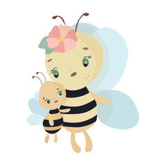 Cute bee illustration with bee. Mother and son. Mom and daughter. Baby illustration, Poster.