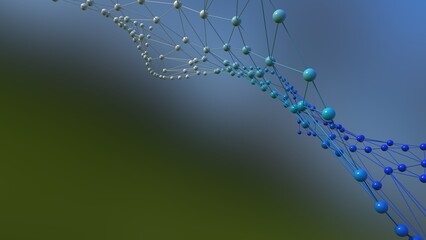 Blue atom structure on green background. Concept of biological science, network technology and human strategy. 3D CG. 3D high quality rendering. 3D illustration.