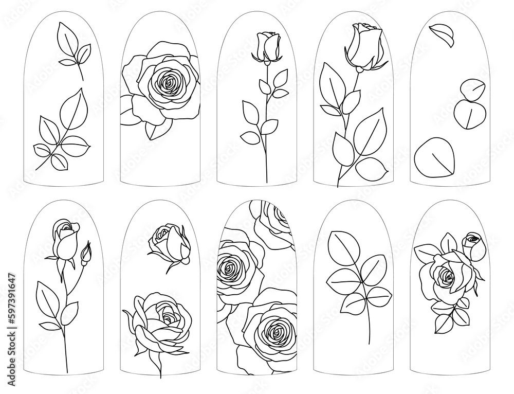 Wall mural Nail art pattern template set. Set of one line drawing elements. Decorative rose and leaf sticker. Floral decal. Vector stock illustration.